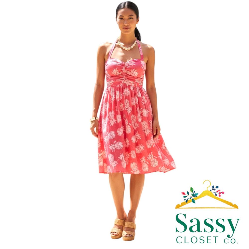 Tommy Bahama Coral Pink Pineapple Silk Lined Halter Dress 12 Ruched Midi EUC